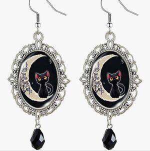 Silver Cat Moon Earrings